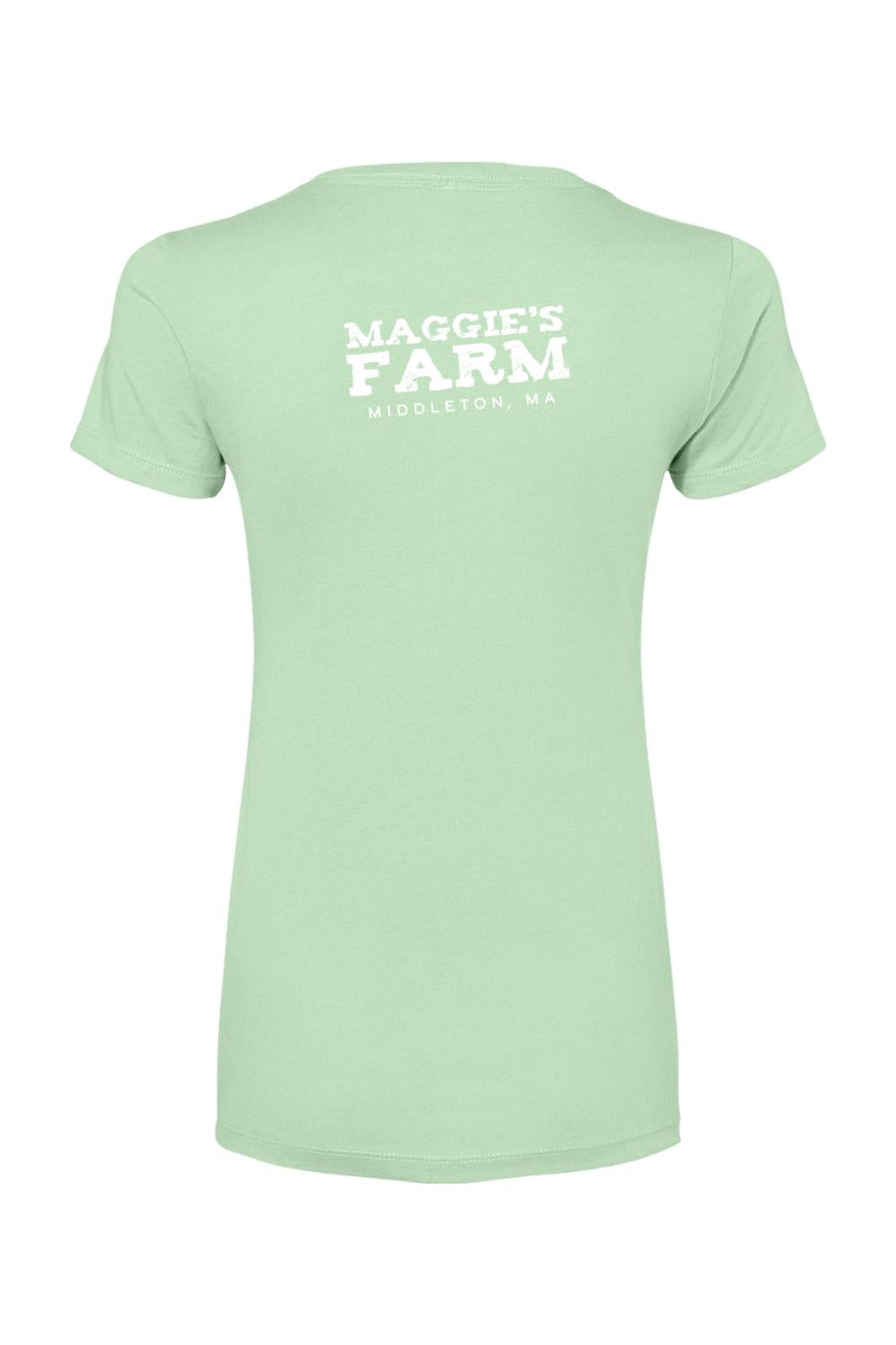 Light green women's cotton-blend t-shirt featuring white Maggie's Farm Middleton, MA text on the back.