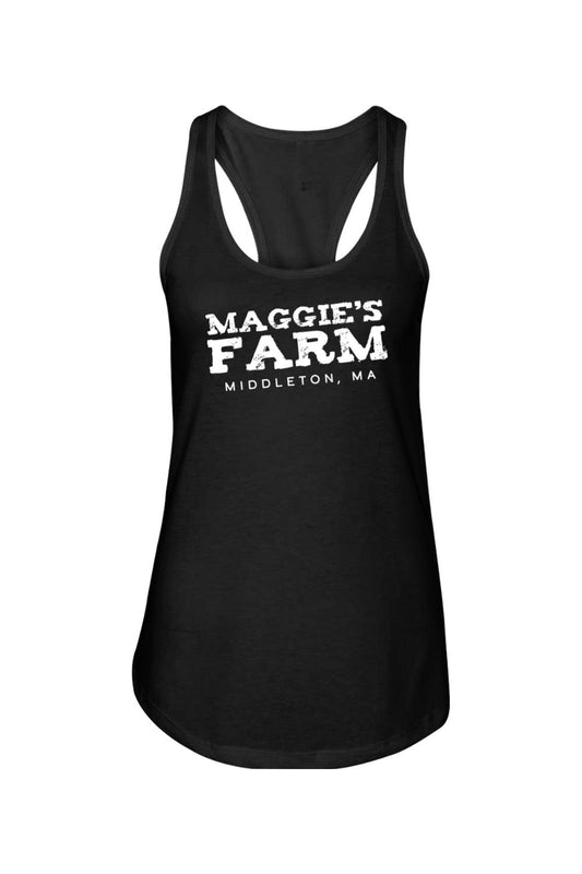 Black racerback tank top featuring white Maggie's Farm Middleton, MA graphic print on the front.