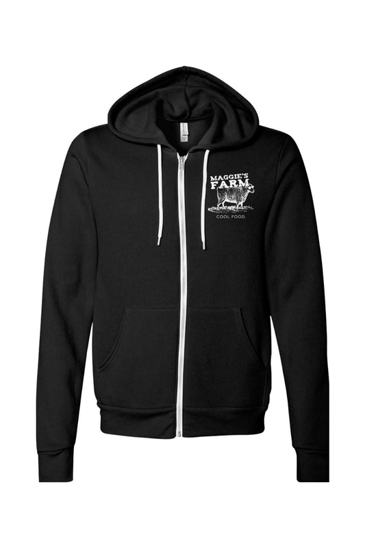 Black sponge fleece full-zip hoodie with white drawstrings and Maggie's Farm sheep logo on the chest.