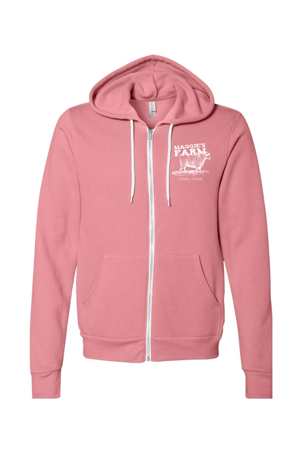 Dusty pink sponge fleece full-zip hoodie with white drawstrings and Maggie's Farm sheep logo on the chest.