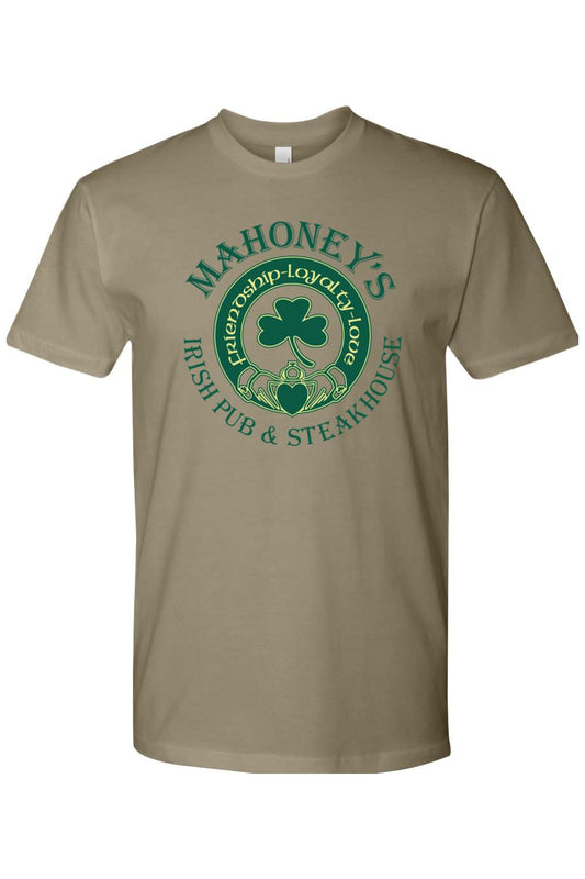 Tan fitted crewneck t-shirt featuring a green Mahoney's Irish Pub & Steakhouse logo with a shamrock and claddagh design.