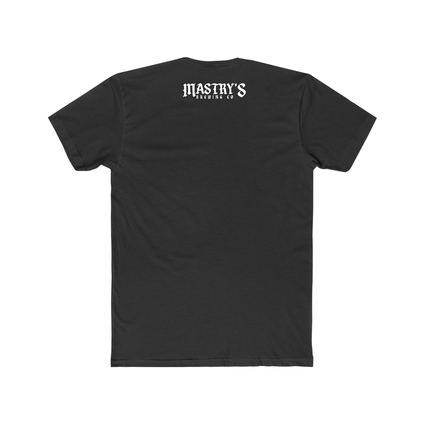 Black triblend Mastry’s Brewing Co. t-shirt featuring a white logo graphic on the upper back.