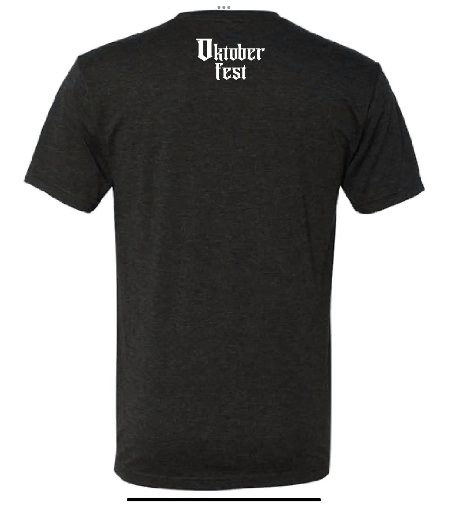 Back of a charcoal grey triblend Mastry’s Brewing Co. Oktoberfest t-shirt with white gothic-style text.