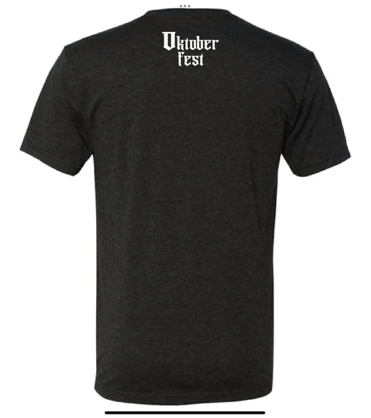 Back of a charcoal grey triblend Mastry’s Brewing Co. Oktoberfest t-shirt with white gothic-style text.