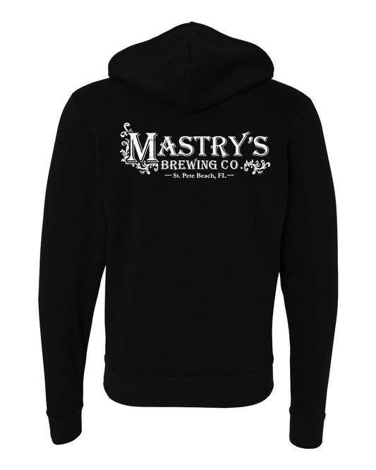 Black zip-up hoodie featuring the white Mastry’s Brewing Co. logo printed on the back.