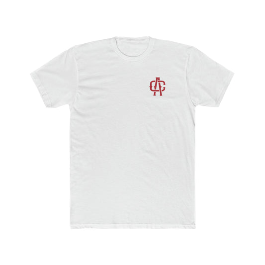 White premium cotton crew neck t-shirt with a small red embroidered logo on the left chest.