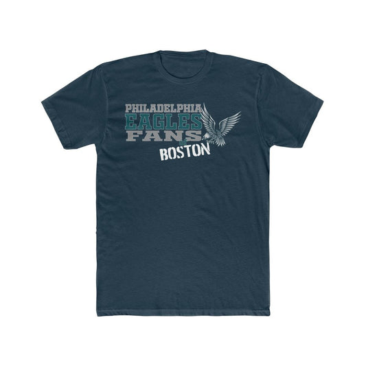 Dark blue cotton crewneck t-shirt featuring a Philadelphia Eagles fans of Boston graphic with an eagle stamp design.