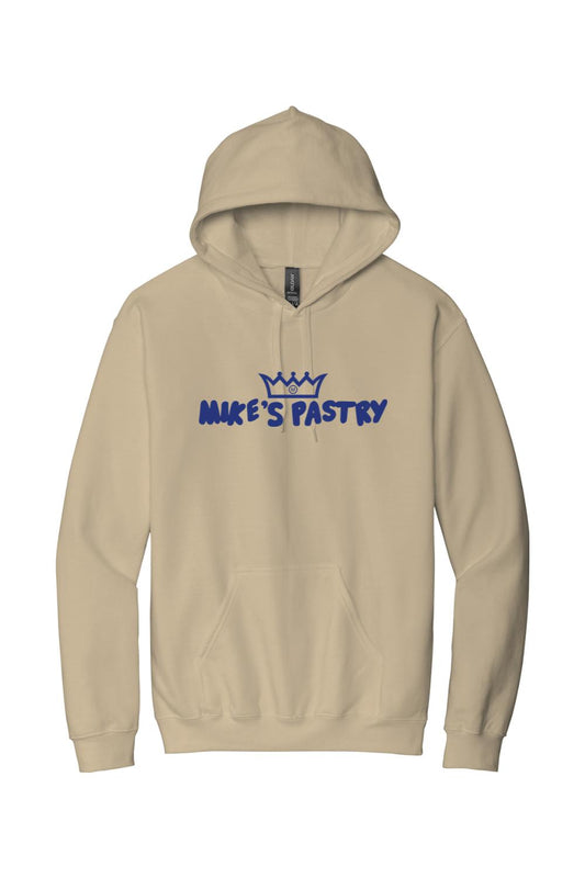 Tan cotton-blend hoodie featuring the blue Mike's Pastry logo and crown graphic on the chest with a front pouch pocket.