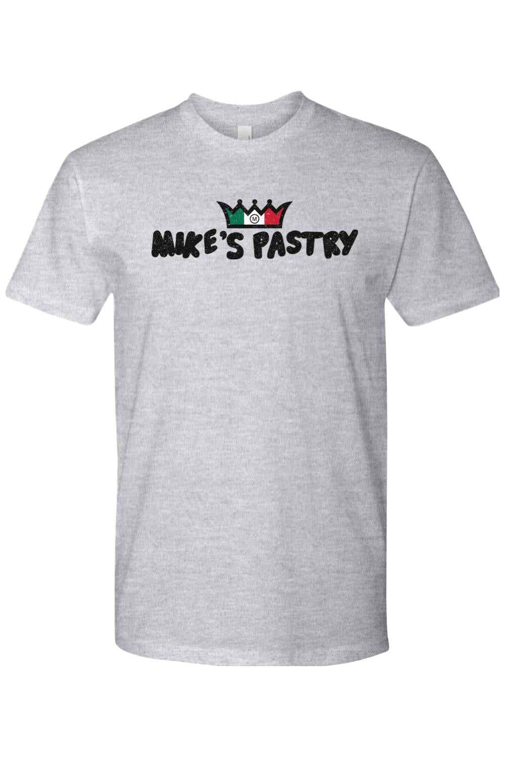 Grey 100% cotton men's t-shirt featuring the Mike's Pastry logo with an Italian flag crown design.