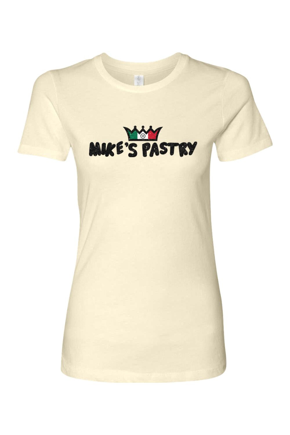 Cream-colored women's 100% cotton t-shirt featuring the Mike's Pastry logo with an Italian flag crown design.