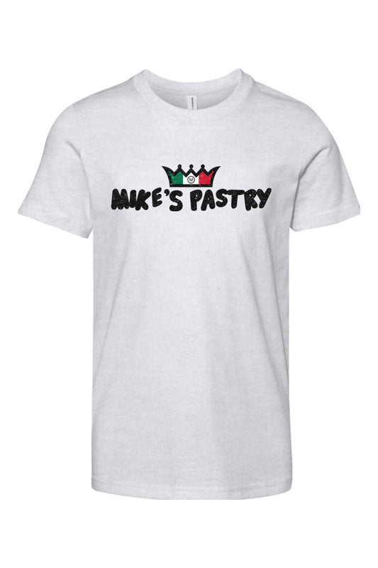 White youth cotton t-shirt featuring the Mike's Pastry logo with an Italian flag-colored crown graphic.