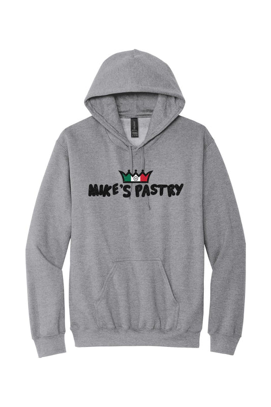 Grey fleece hoodie featuring a Mike's Pastry logo with an Italian flag crown design and a front pouch pocket.