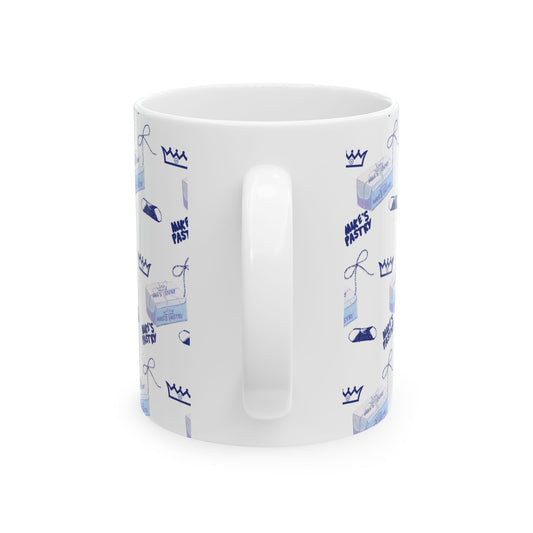 11oz white ceramic mug with a blue Mike's Pastry pattern, featuring a comfortable C-handle and shiny finish.