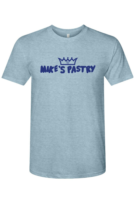 Light blue heathered triblend crewneck t-shirt featuring the navy blue Mike's Pastry logo and crown graphic.