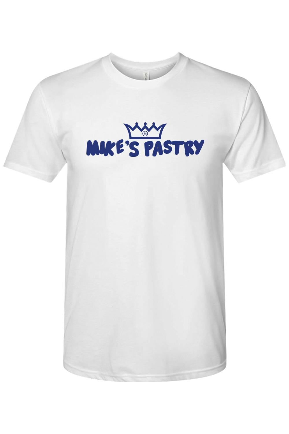 White triblend men's t-shirt featuring a blue Mike's Pastry logo with a crown icon on the chest.