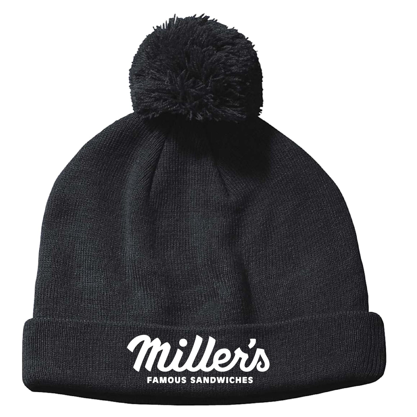 Black acrylic knit cuffed beanie with a top pom-pom and white Miller's Famous Sandwiches logo embroidery.