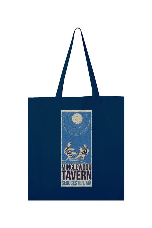 Navy blue canvas tote bag featuring a vintage-style Minglewood Tavern graphic with dancing turtles and a full moon.