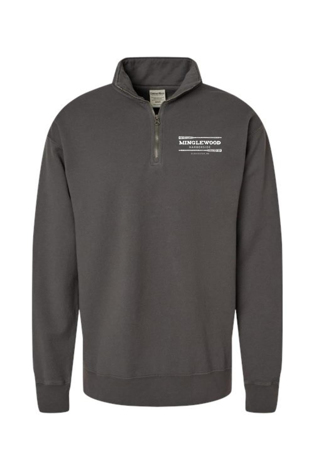 Charcoal garment-dyed men's quarter-zip sweatshirt with Minglewood Harborside logo on the chest.