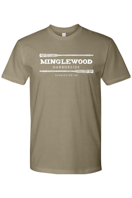 Khaki crewneck t-shirt featuring a white Minglewood Harborside graphic with crossed oars and Gloucester, MA text.