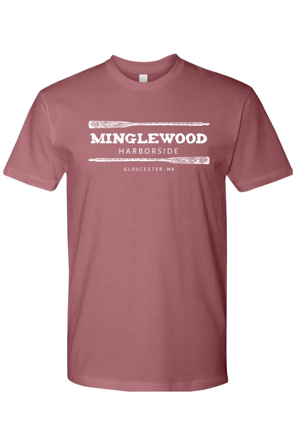 Dusty rose crewneck t-shirt featuring a white graphic of two oars and Minglewood Harborside Gloucester, MA text.