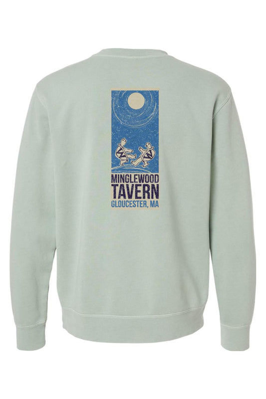 Sage green pigment-dyed crewneck sweatshirt featuring a Minglewood Tavern turtle graphic on the back.