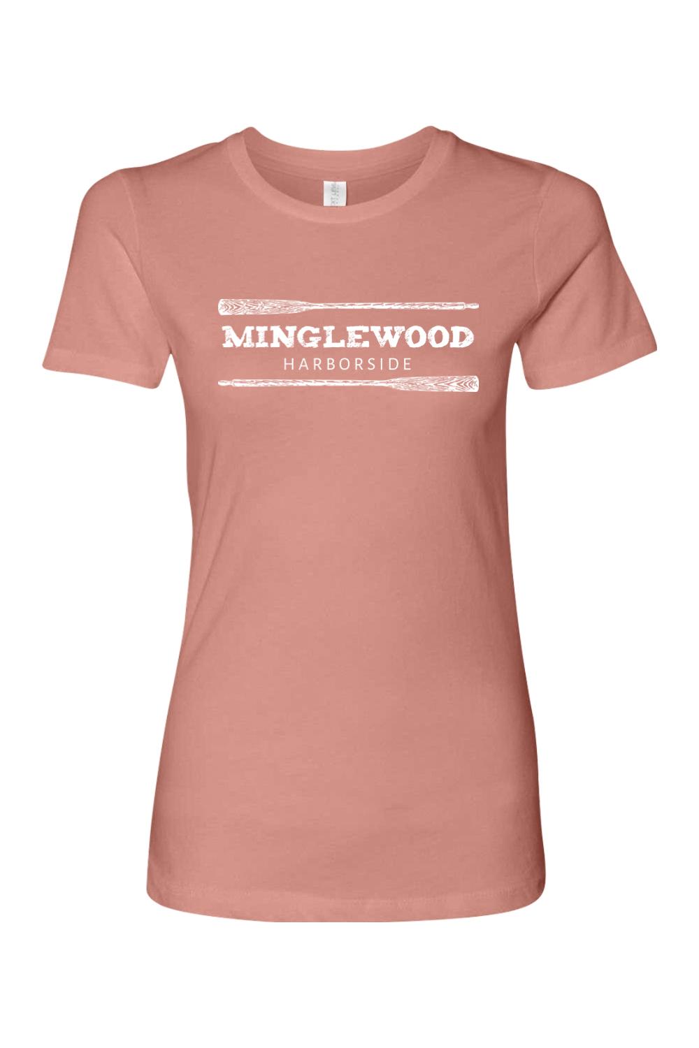 Dusty rose women's crew neck t-shirt featuring a white Minglewood Harborside graphic with crossed oars.