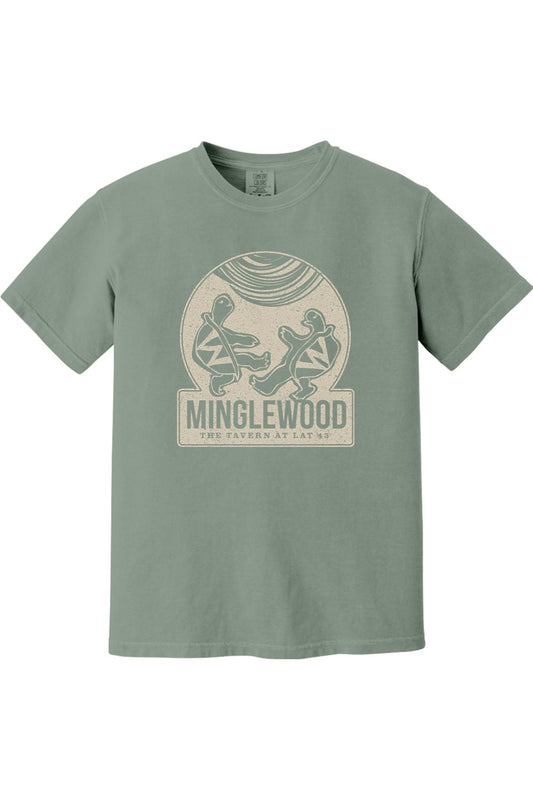Sage green Comfort Colors cotton t-shirt featuring a vintage Minglewood turtle graphic print on the chest.