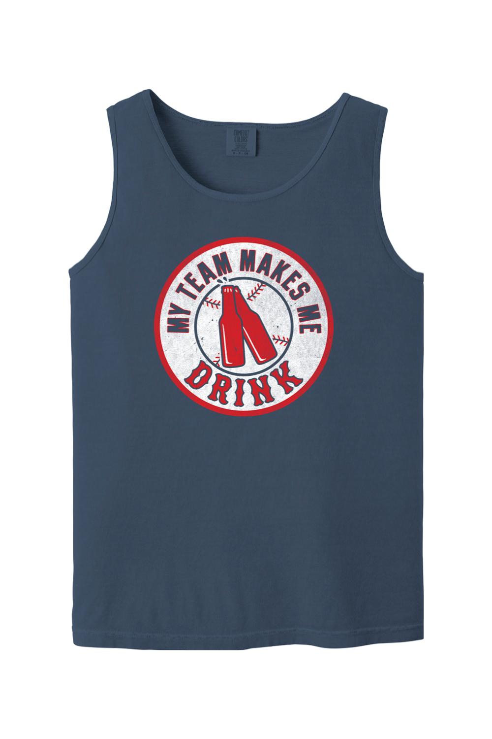 Navy blue Comfort Colors tank top featuring a vintage-style circular graphic with baseball and beer bottle icons.