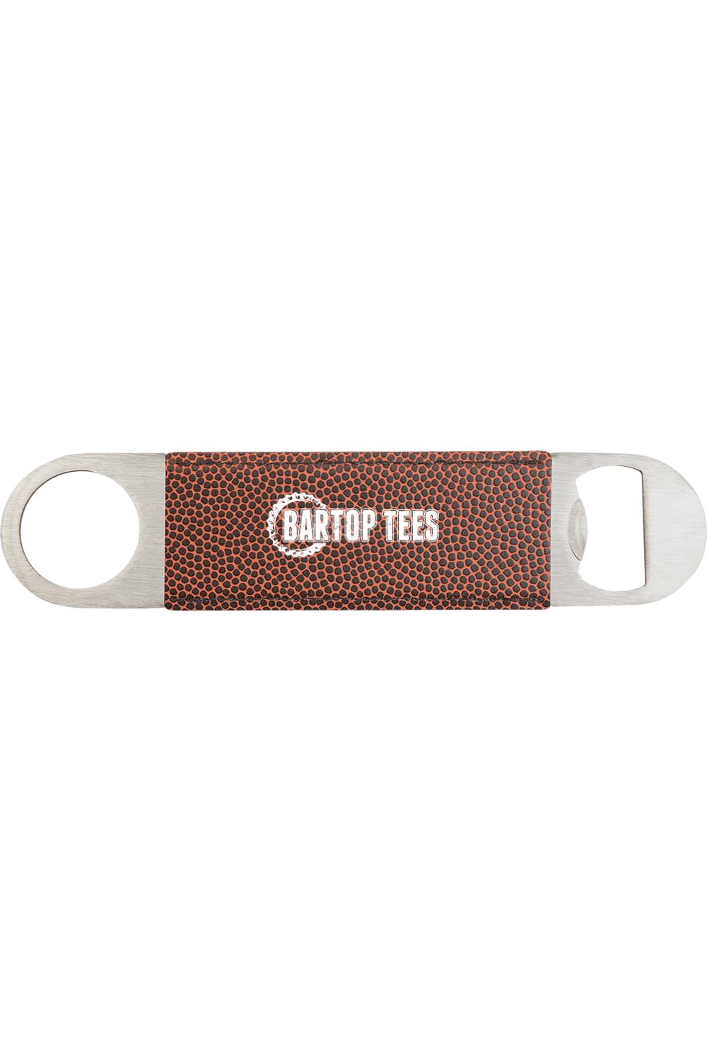 Stainless steel bottle opener with a textured brown football leatherette grip featuring the Bartop Tees logo.