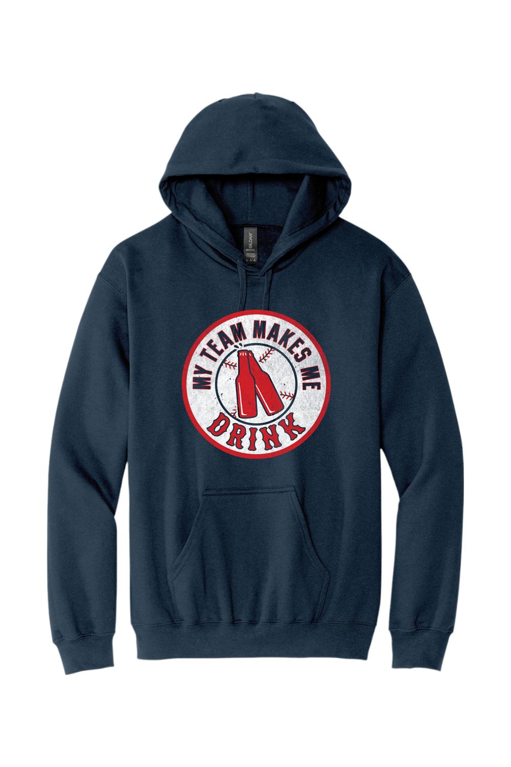 Navy blue cotton-blend pullover hoodie featuring a red and white baseball-themed My Team Makes Me Drink graphic.