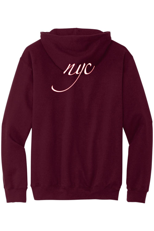 Maroon zip-up hoodie featuring a white cursive NYC logo on the back, crafted from soft cotton material.