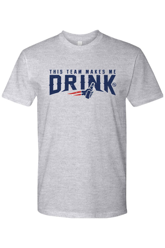 Grey cotton crewneck t-shirt featuring the text This Team Makes Me Drink with a football-themed bottle graphic.