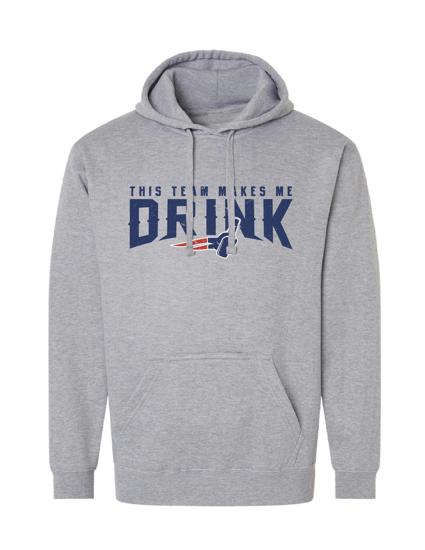 Grey cotton-blend tailgate hoodie with blue text and a bottle opener pouch for game day comfort.