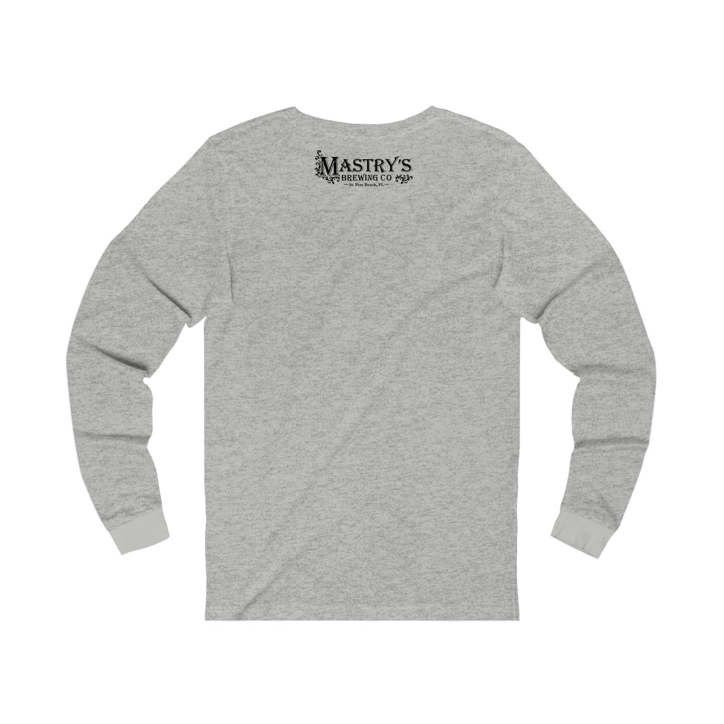 Grey unisex long sleeve shirt with Mastry’s Brewing Co. logo on the back and ribbed cuffs.