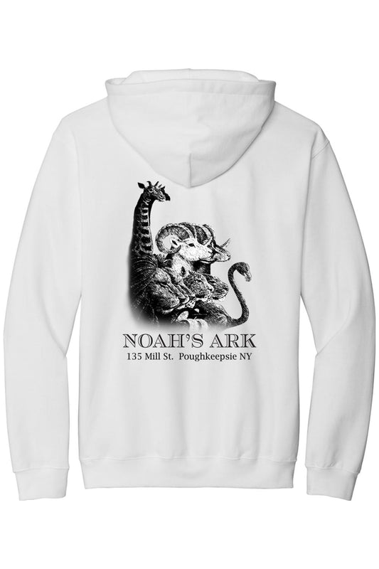 White midweight hoodie featuring a black Noah's Ark animal crest graphic and text on the back.