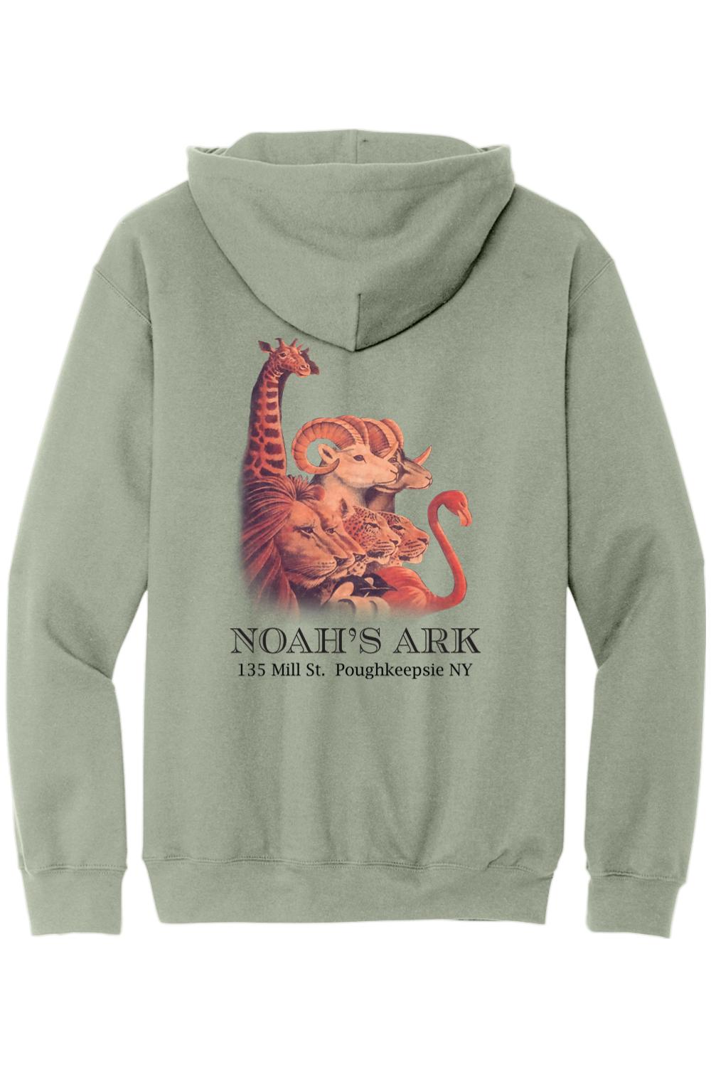 Sage green midweight hoodie featuring a Noah's Ark animal graphic and text on the back.