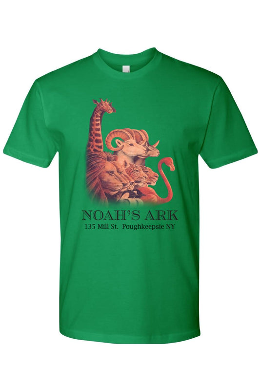 Green fitted crewneck tee featuring a Noah's Ark animal graphic and text on the front.
