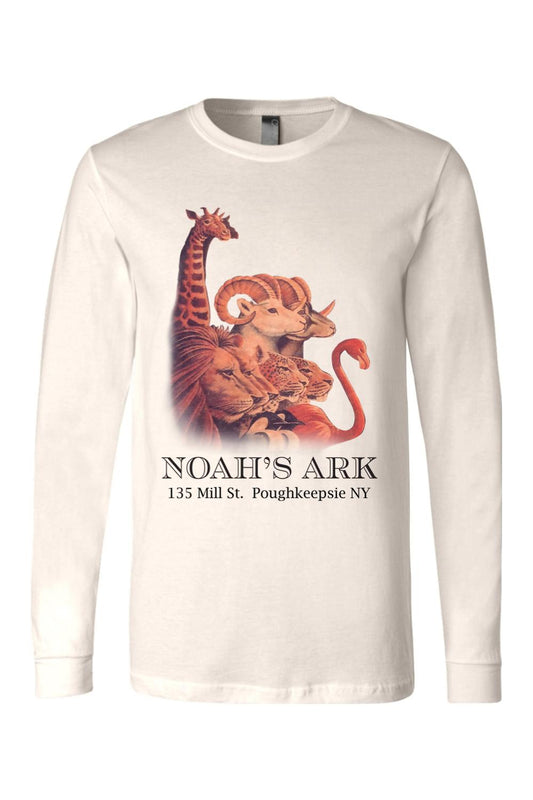 Cream long sleeve cotton tee featuring a colorful Noah's Ark animal graphic and text on the front.