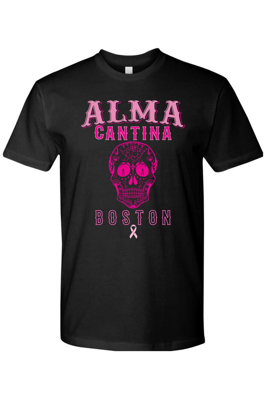 Black cotton crew neck tee featuring a pink Alma Cantina sugar skull graphic and Boston ribbon design.