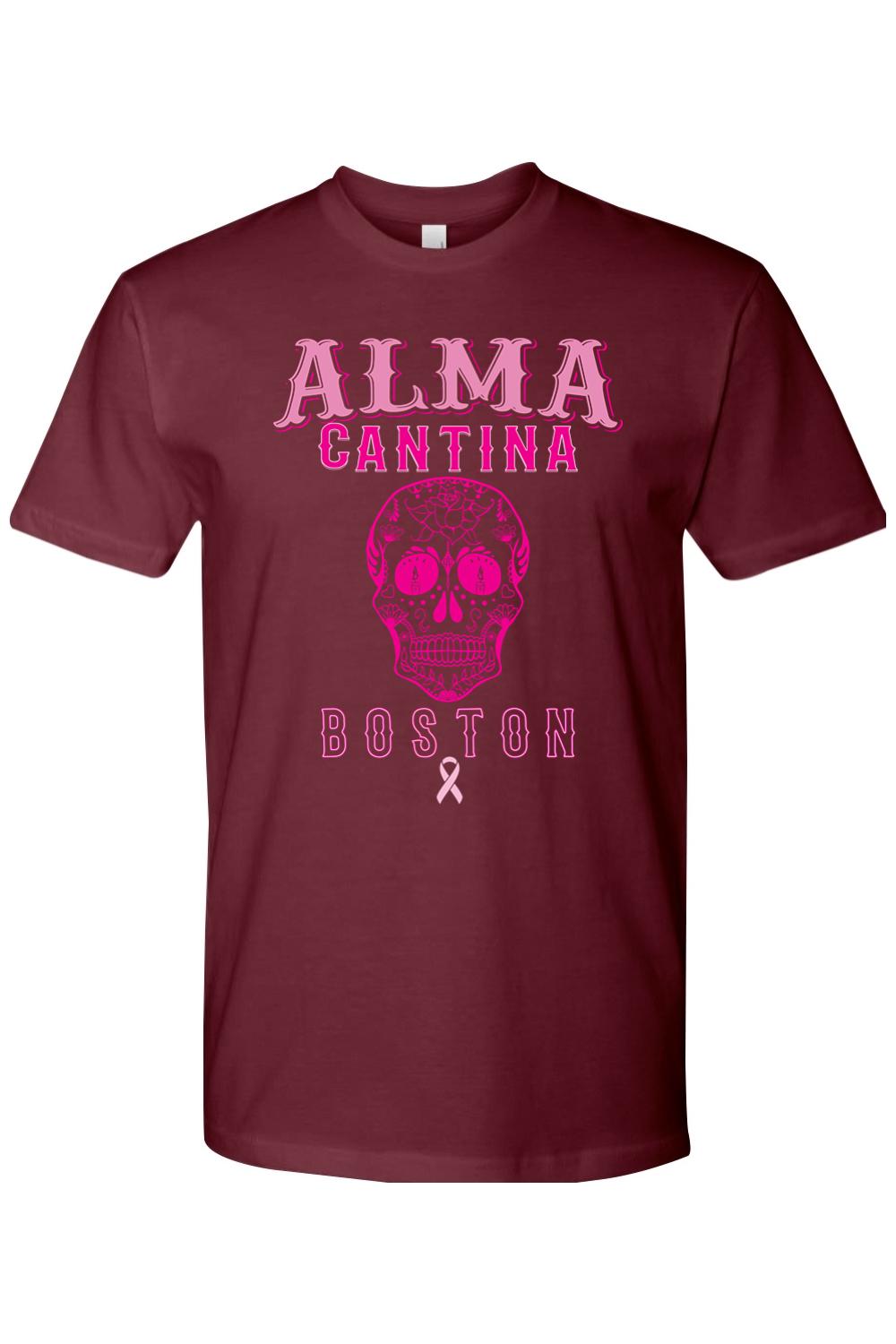 Maroon cotton crew neck tee featuring a pink Alma Cantina sugar skull graphic and Boston text with a breast cancer ribbon.