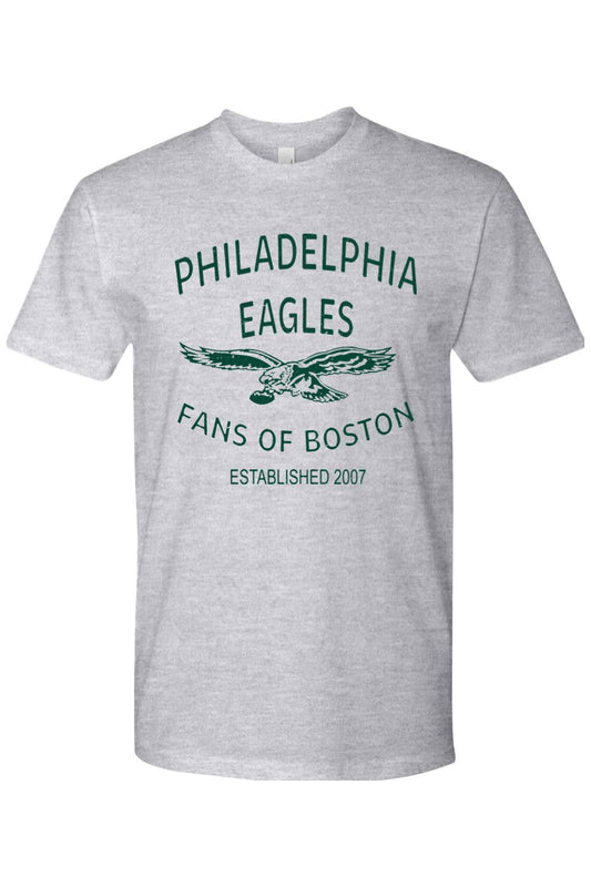 Grey cotton crewneck t-shirt featuring a vintage Philadelphia Eagles Fans of Boston graphic in dark green.