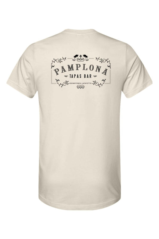Cream-colored cotton t-shirt featuring a black Pamplona Tapas Bar graphic with ornate scrollwork on the back.