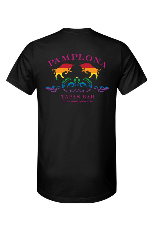 Black cotton t-shirt featuring a colorful pride-themed Pamplona Tapas Bar logo with two bulls on the back.