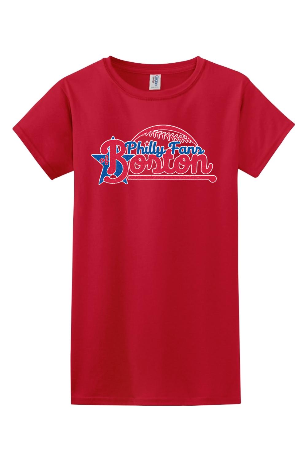 Red women's cotton graphic t-shirt featuring a blue and white Philly Fans of Boston baseball-themed logo.