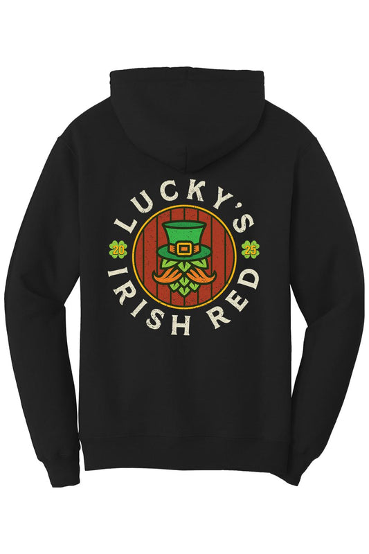 Black cotton zip-up hoodie featuring a Lucky's Irish Red 2025 graphic with a leprechaun hat and hop design on the back.
