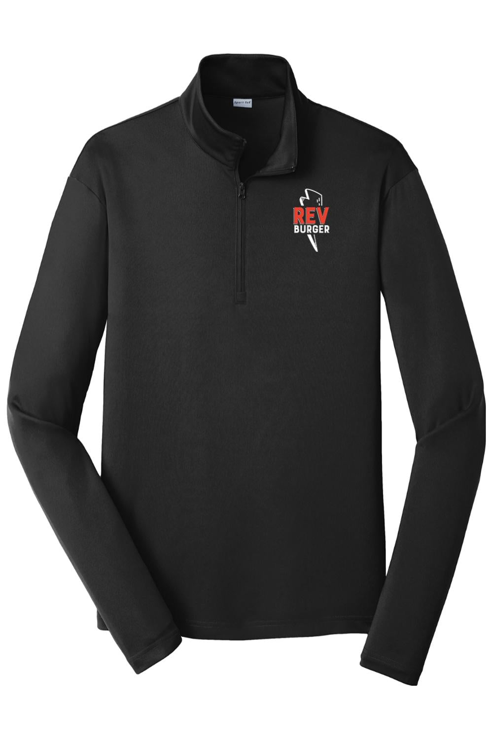 Black 1/4-zip polyester pullover featuring a white and red Rev Burger lightning bolt logo on the chest.