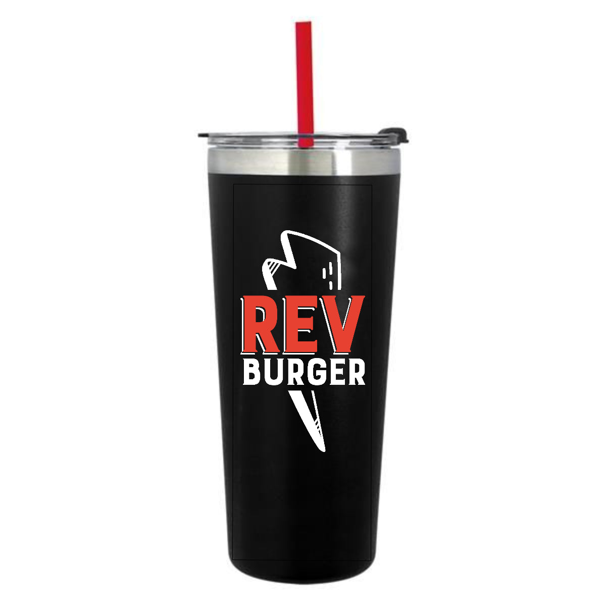 24 oz black stainless steel Rev Burger tumbler with a clear lid and red straw.