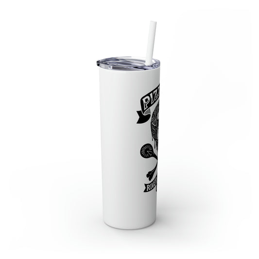 White 20oz stainless steel skinny tumbler with a Pizza 'Til I Die skull graphic, clear lid, and matching straw.
