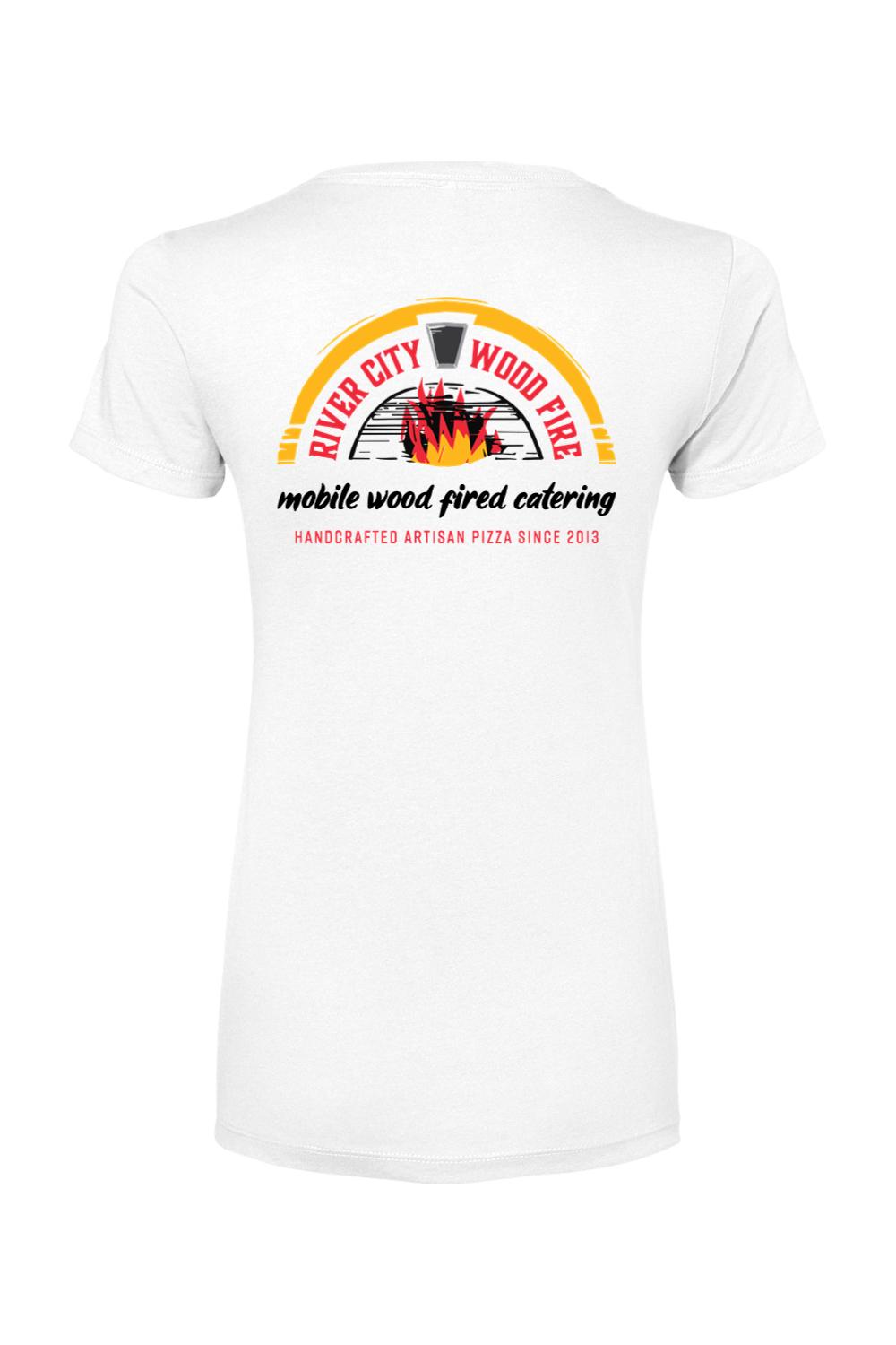 White women's cotton-blend t-shirt featuring a River City Wood Fire logo graphic on the back.