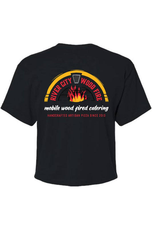 Black flowy cropped tee featuring a River City Wood Fire logo with flames and artisan pizza text on the back.